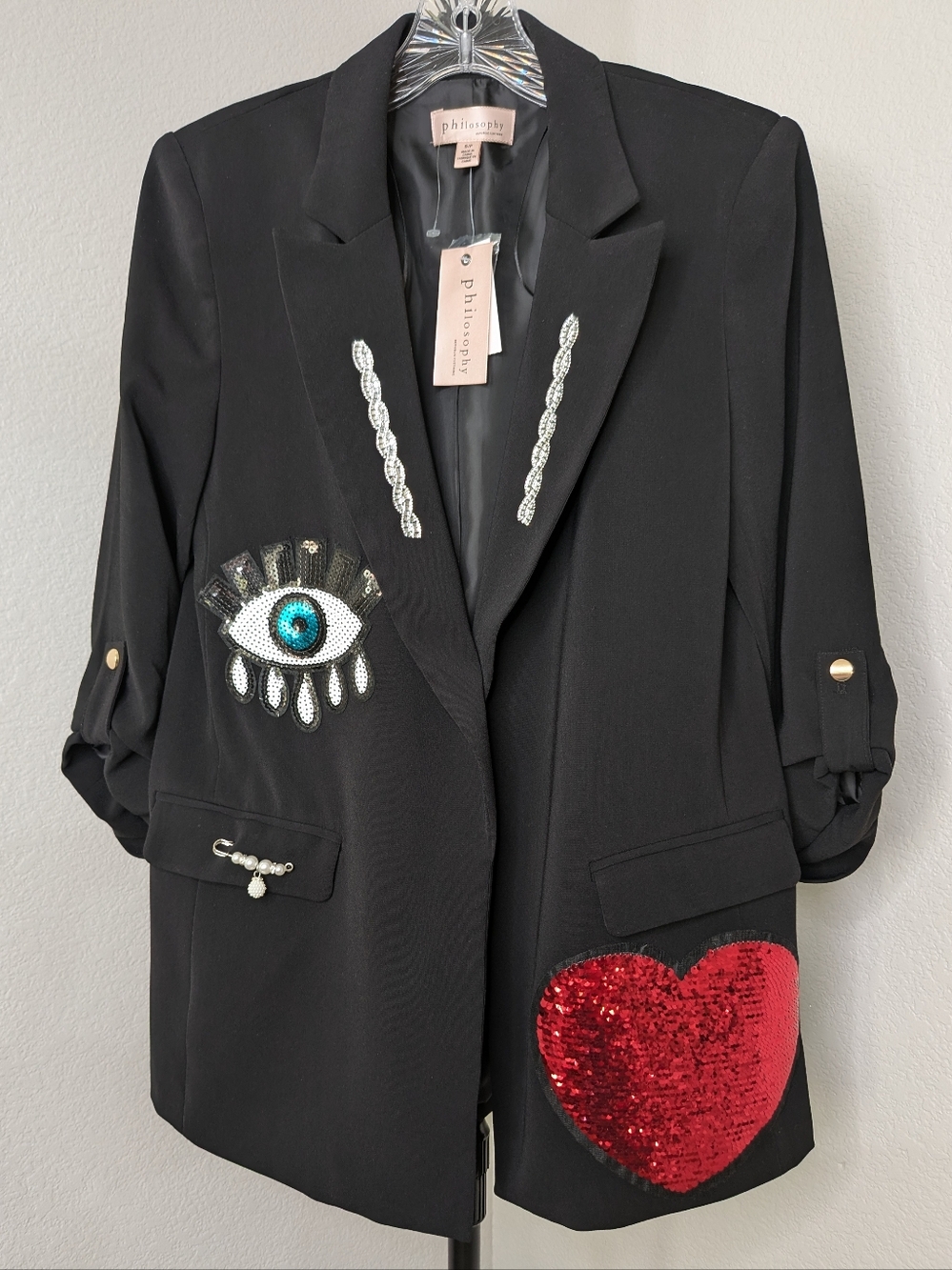 Philosophy Black Blazer with Red Sequin Heart and Teal Eye Embellishment